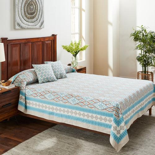 Uzbek Ikat Turquoise Brown Hand Block Printed Cotton Bedcover