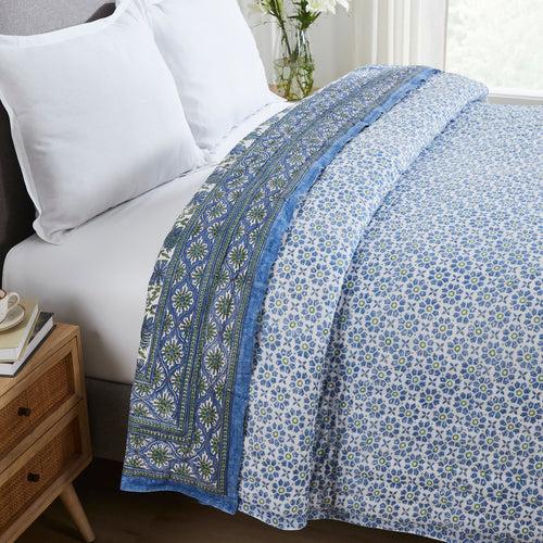Floral Harmony Blue & Green Hand Block Print Extra Cotton Filling Quilt