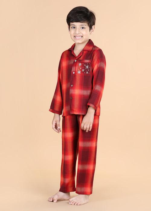 Merry Christmas Checks Scarlet  Full Sleeves Nighsuit Unisex (1-12 Years)