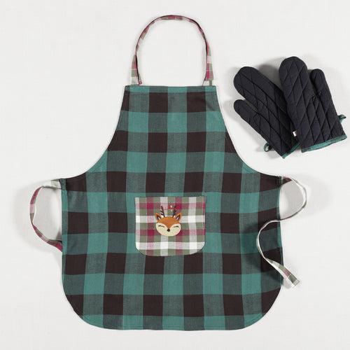 Checks Green Embroidered Kids One Size (4-9 Years) Apron & Gloves Set