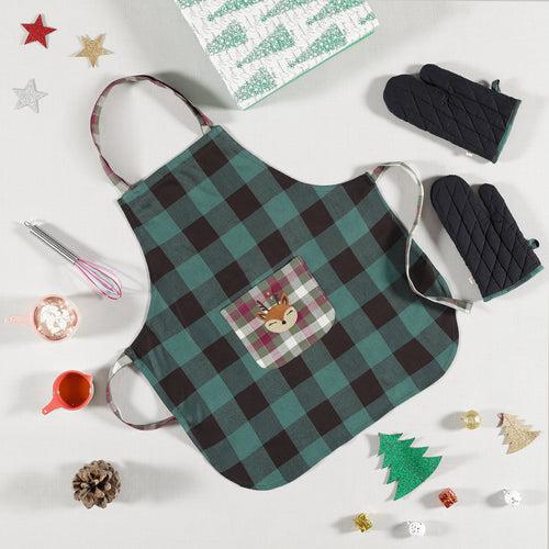 Checks Green Embroidered Kids One Size (4-9 Years) Apron & Gloves Set