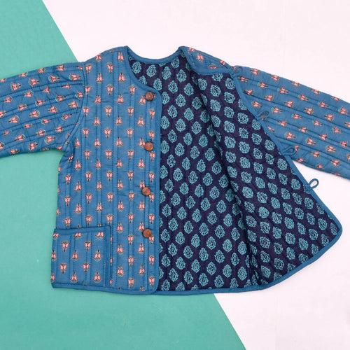 Teal and Blue Quilted 100% Cotton Reversible Full Sleeve Jacket Unisex (0-12 Years)