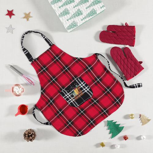 Checks Red/Black Embroidered Kids One Size (4-9 Years) Apron & Gloves Set