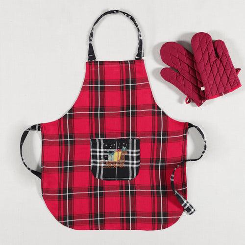 Checks Red/Black Embroidered Kids One Size (4-9 Years) Apron & Gloves Set