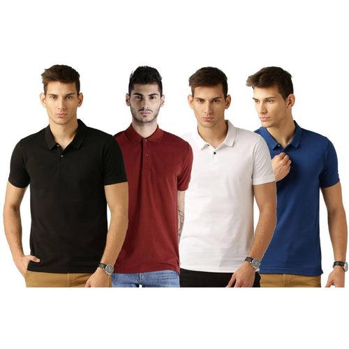 Men's Multicoloured Cotton Blend Solid Polos T-Shirt (Pack Of 4)