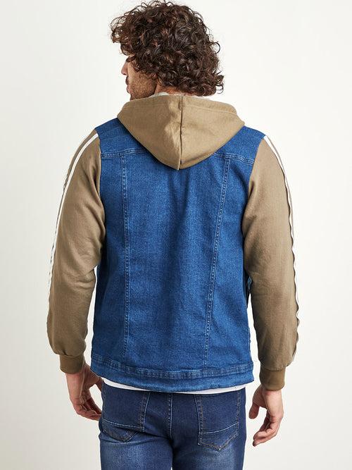Medium-Wash Denim Jacket With Sweatshirt Sleeve