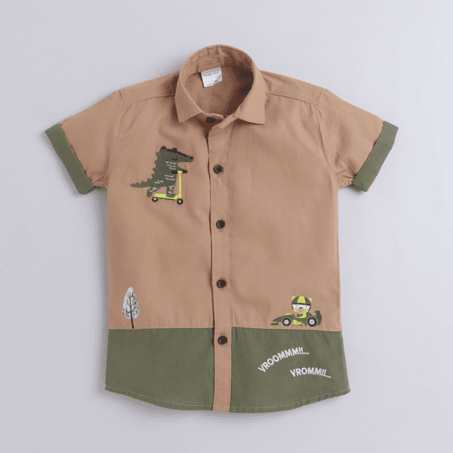 Polka Tots Dinosaur Print H/S Shirt - Brown