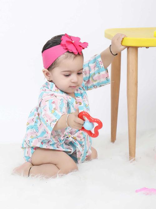 Polka Tots Unicorn print stripes Kimono Onesie - Pink