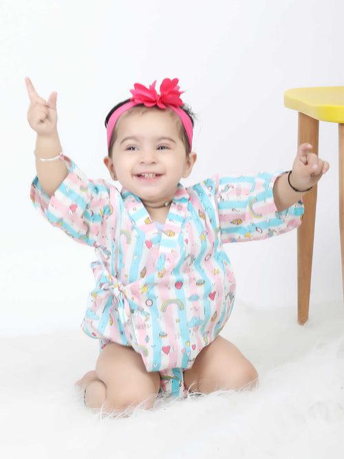 Polka Tots Unicorn print stripes Kimono Onesie - Pink