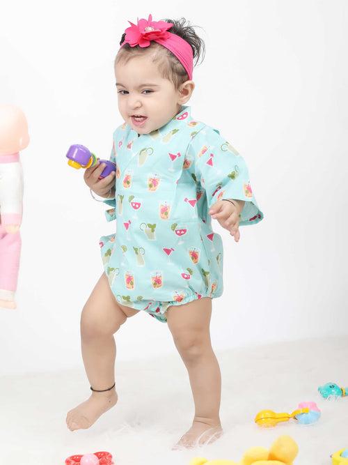 Polka Tots Juice print Kimono Onesie - Blue