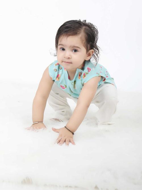 Polka Tots Cotton Sleeveless Jhabla and Pant Set - Blue