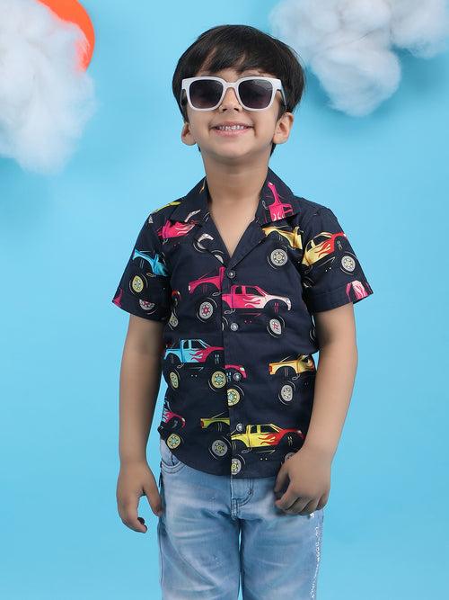 Polka Tots Half Sleeves Jeep print Shirt - Black