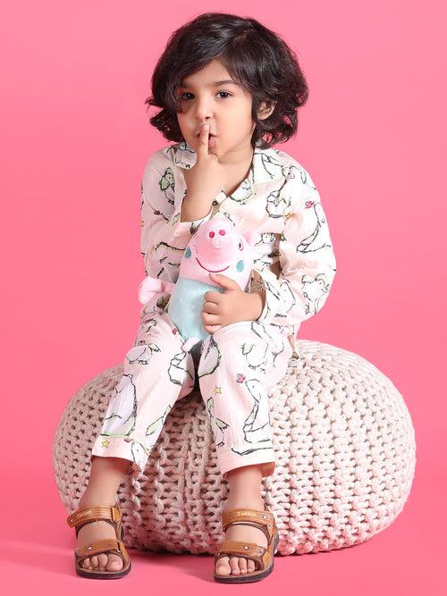 Polka Tots Full sleeves Bear and Penguin Print Night Suit - Peach