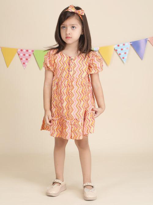 Polka Tots Full sleeves Geometric print frock with headband - Orange