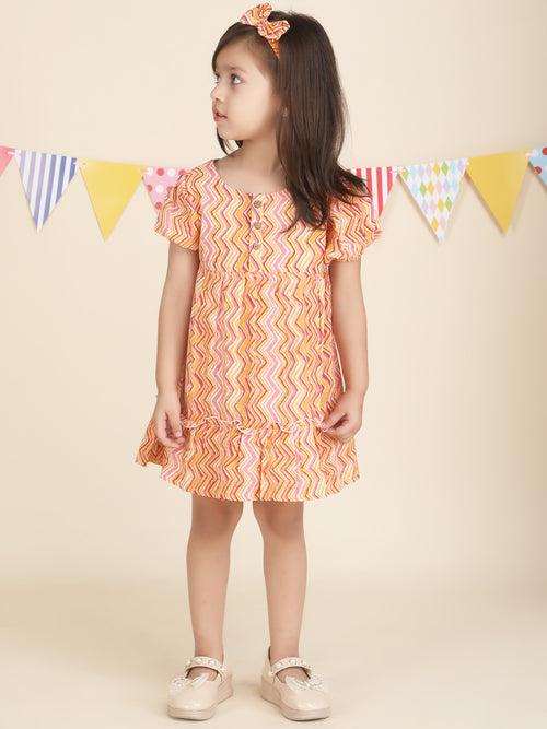 Polka Tots Full sleeves Geometric print frock with headband - Orange