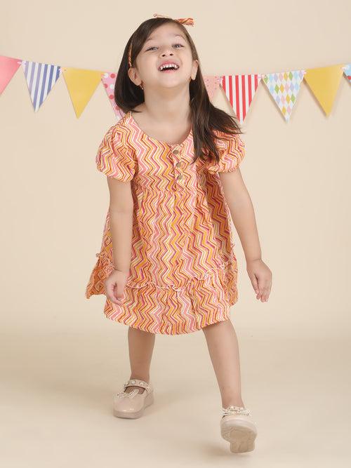 Polka Tots Full sleeves Geometric print frock with headband - Orange