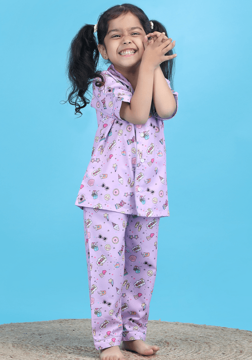 Polka tots Half Sleeves ice-cream print Night Suit - Purple