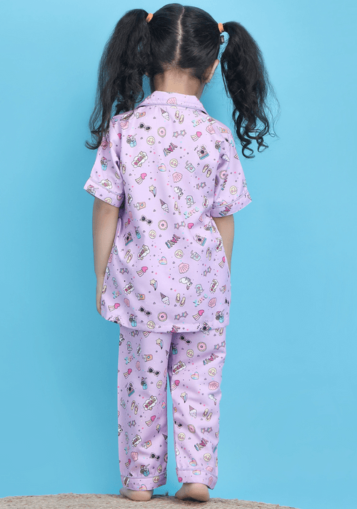 Polka tots Half Sleeves ice-cream print Night Suit - Purple