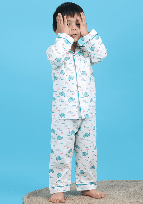 Polka Tots Full sleeve Elephant print Night suit - White