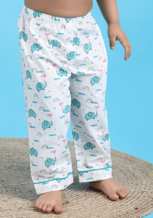 Polka Tots Full sleeve Elephant print Night suit - White