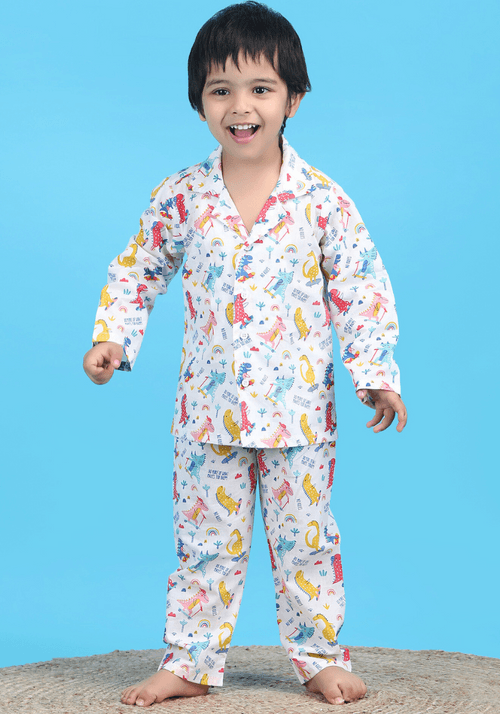 Polka Tots Full sleeves Dinosaur print Night Suit - White