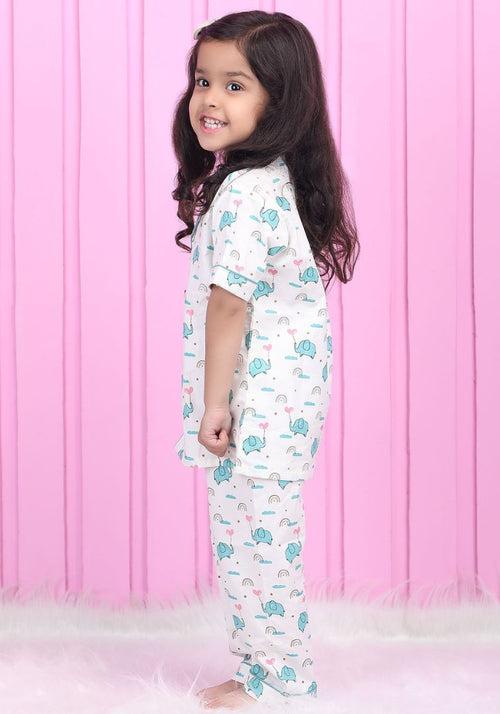 Polka tots Half Sleeve Elephant print Night Suit -  White