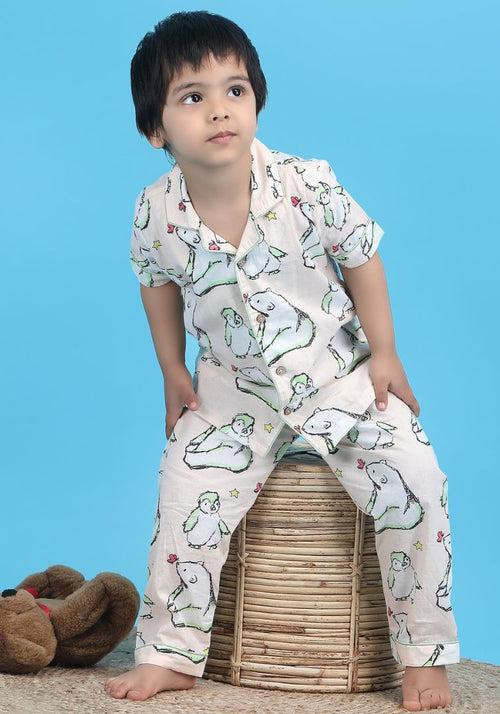 Polka tots Half Sleeve Bear and Penguin print Night Suit - Peach