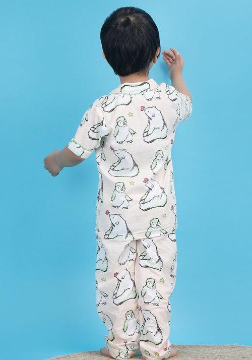 Polka tots Half Sleeve Bear and Penguin print Night Suit - Peach