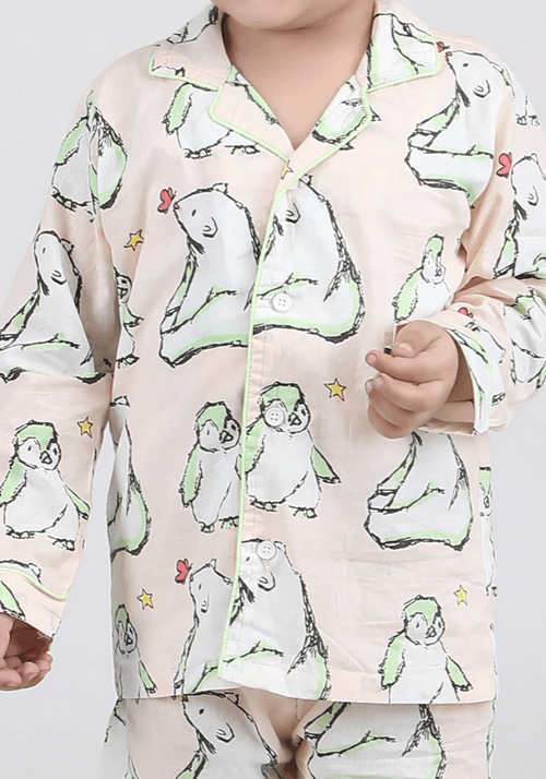 Polka Tots Full sleeves Bear and Penguin Print Night Suit - Peach