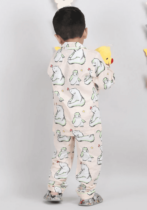 Polka Tots Full sleeves Bear and Penguin Print Night Suit - Peach