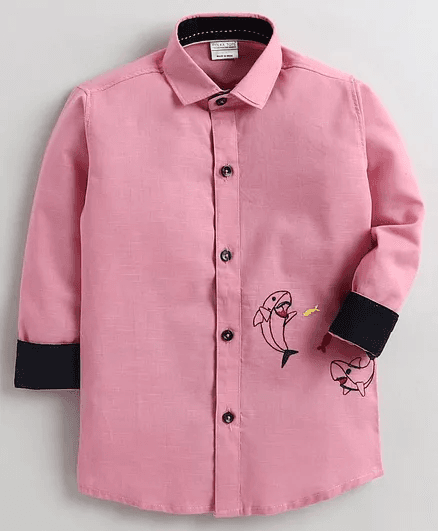 Polka Tots Full Sleeve Dolphin Embroidery Shirt - Pink