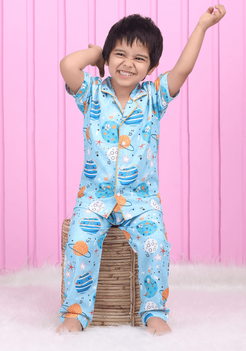 Polka tots Half Sleeves Space print Night Suit - Blue