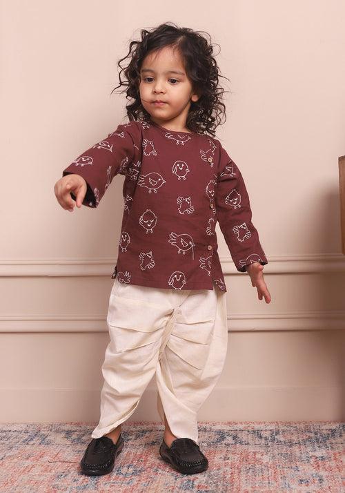 Polka Tots Full Sleeve Bird Embroidery Angrakha Top With Dhoti  - WINE