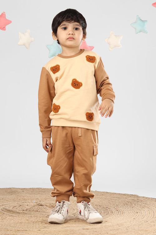 Polka Tots Full Sleeve Bear Print Co-ord set - Brown