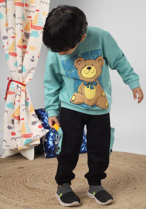 Polka Tots Full Sleeve Teddy Bear Print Co-ord set - Sea green