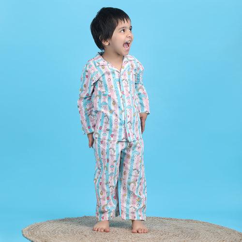 Polka Tots Full sleeves Unicorn print Stripes Night suit - Pink