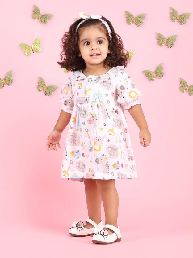 Polka Tots Halfsleeves Hello Baby print frock with headband - Multicolor