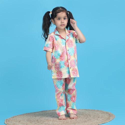 Polka tots Half Sleeve Lemon print Night Suit - Multicolor