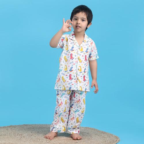 Polka tots Half Sleeve Dinosaur print Night Suit - Multicolor