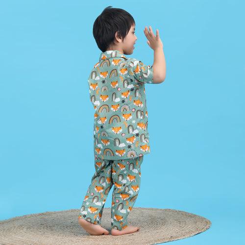 Polka tots Half Sleeve Fox print Night Suit - Green