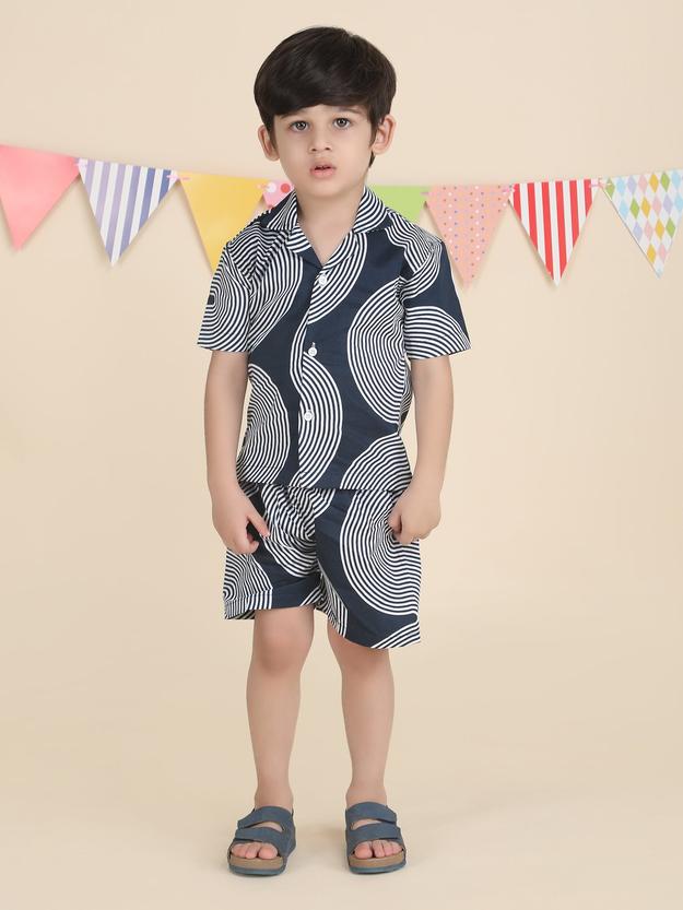 Polka Tots Half Sleeves Geometric print Co-ords - Navy