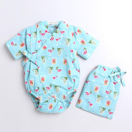 Polka Tots Juice print Kimono Onesie - Blue