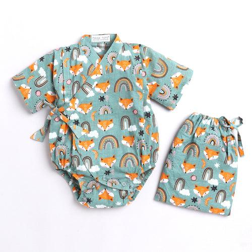 Polka Tots Fox print Kimono Onesie - Green