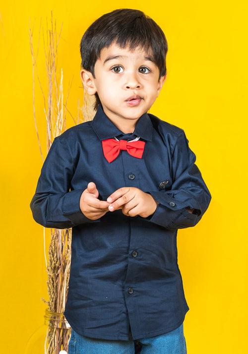 Polka Tots Full Sleeves Solid Shirt With Bow Tie - Navy Blue