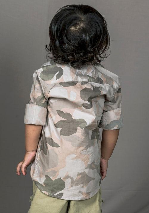 Polka Tots Full sleeve camouflage shirt - Grey and Pink