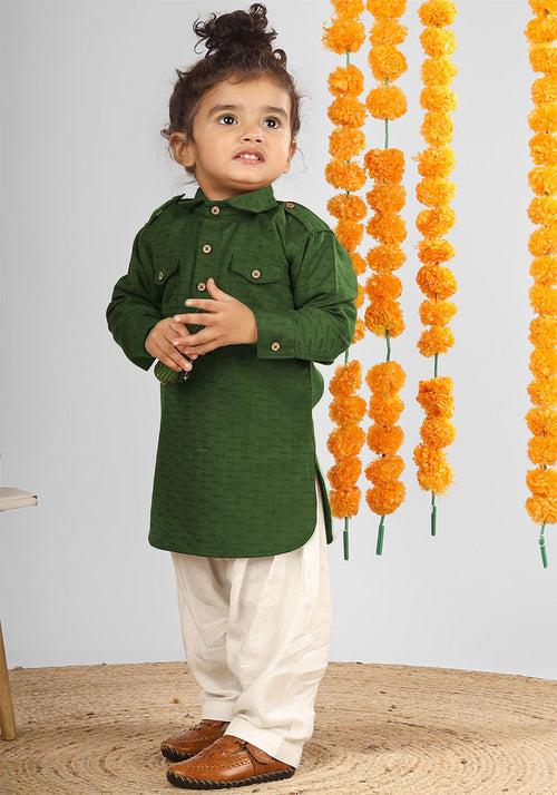 Polka Tots Full Sleeves Pathani Set - Green