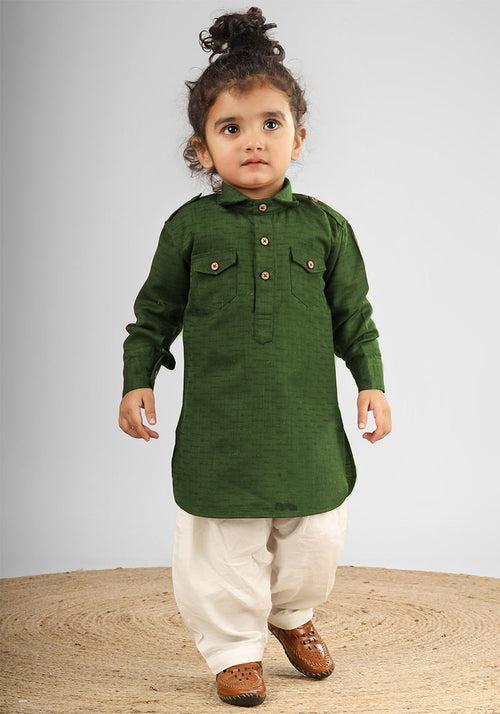 Polka Tots Full Sleeves Pathani Set - Green