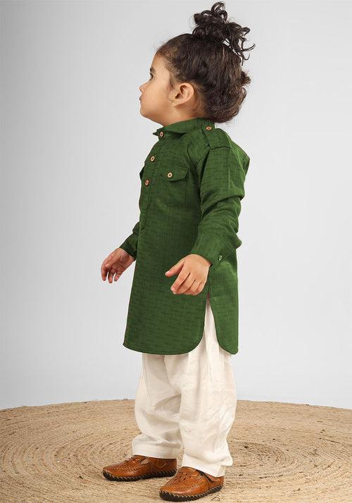 Polka Tots Full Sleeves Pathani Set - Green