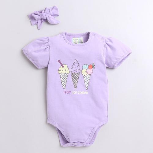 Polka Tots Half Sleeve Team Ice Cream Print Romper Onesie - Purple