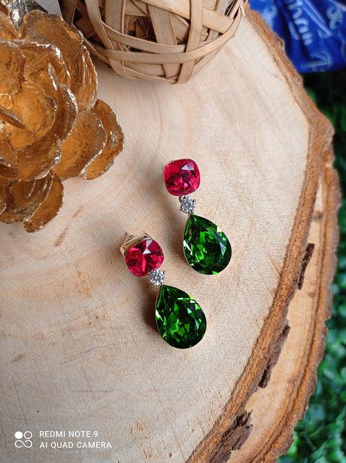 Sparkling Swarovski Earrings in Green Red